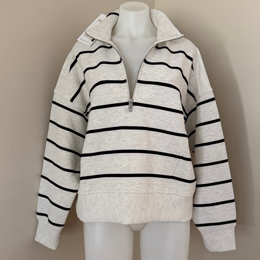 (NWT) CALIA Soft Scuba Ottoman Mock Neck 1/4 Zip in Cloud Cover Heather Stripe - Picture 15 of 16